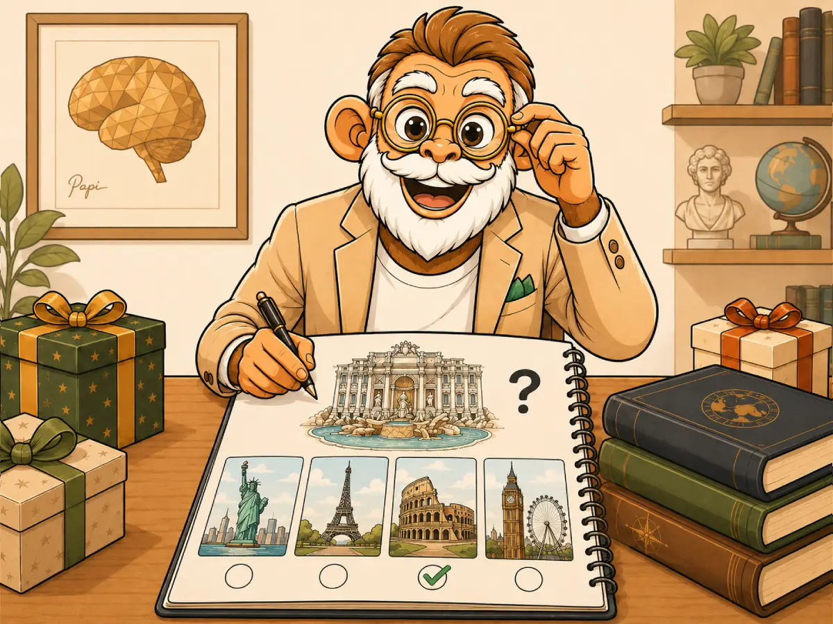 Papi, la mascotte PapiQuiz, répond à un quiz de géographie